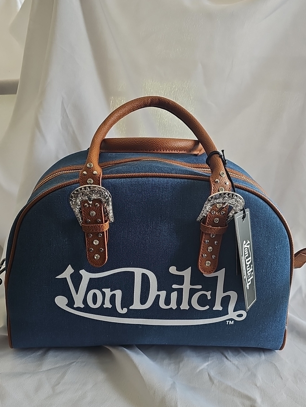 Von Dutch Blue and Brown Denim Duffel with Silver Buckle Accents